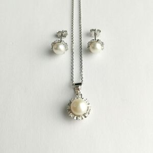 Cultured White pearls with cz sterling silver pendant necklace earrings NEW